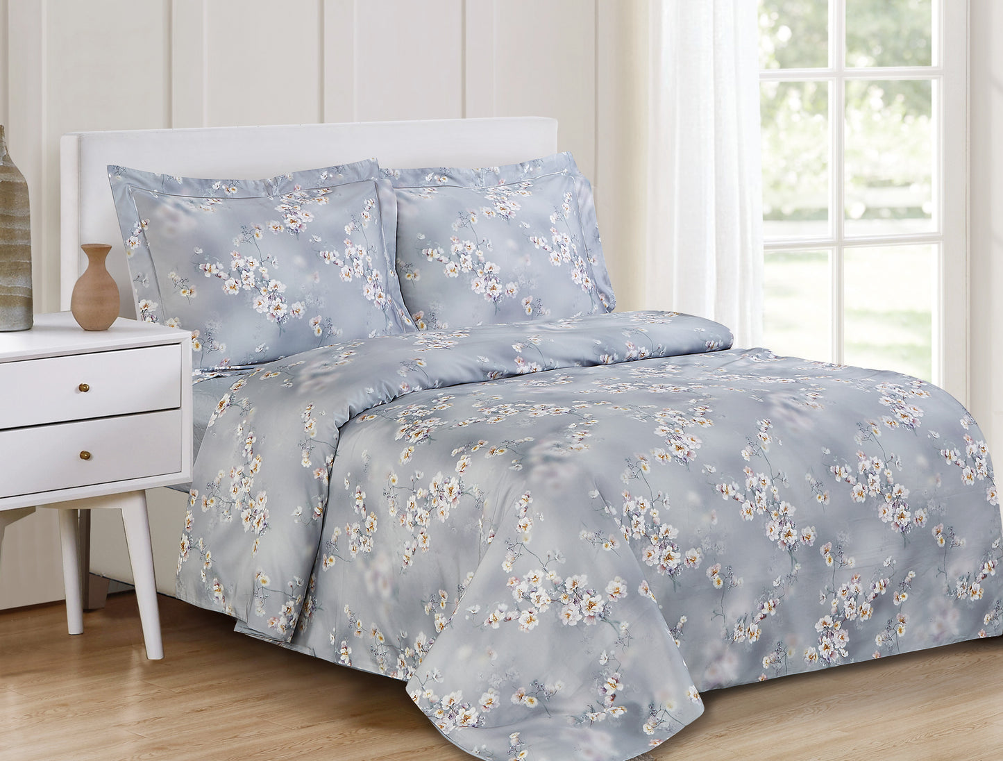 French White Orchid Garden Pattern Bedding Duvet Cover Set