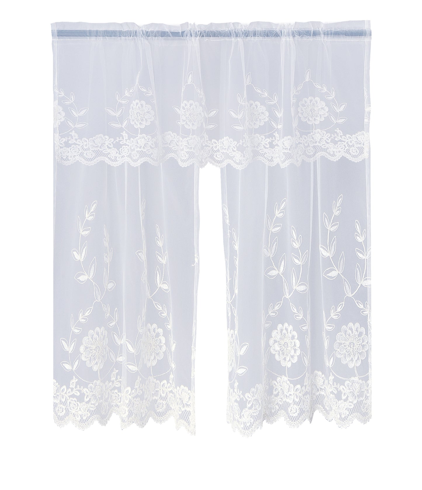 Royalty Decorative Embroidered Sheer Lace Floral Design Decorative Window Treatment Rod Pocket Kitchen Window Curtain Panel Tiers and Swag Valance