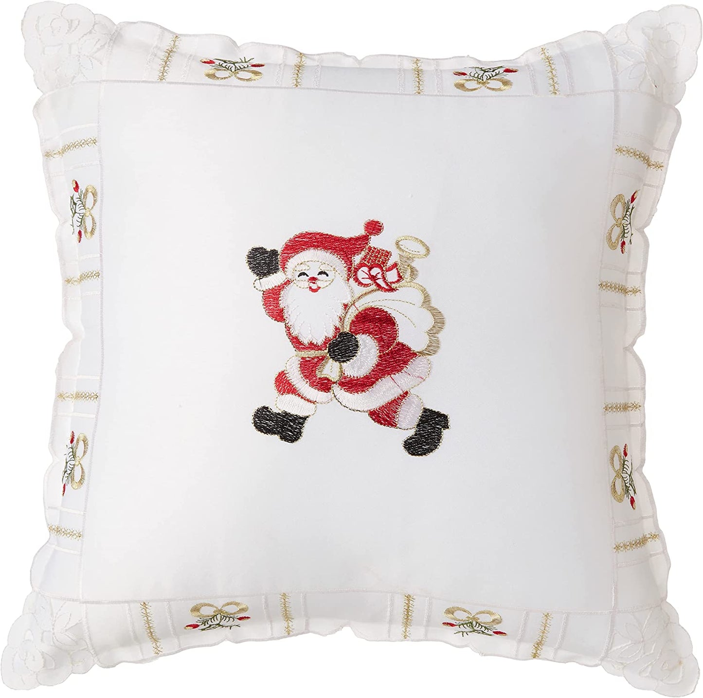 Holiday Christmas Santa Claus Holly Bows Embroidery Pattern Decorative Throw Pillow Cover