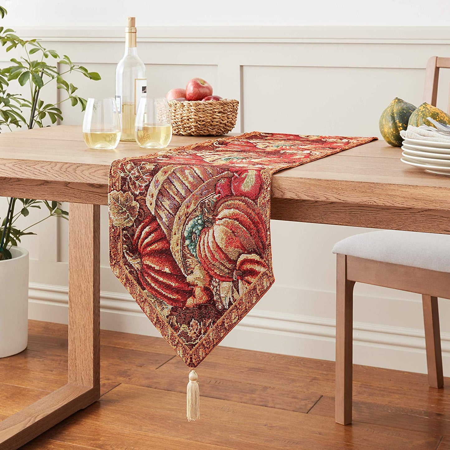 Fall Harvest Thanksgiving Autumn Leaves Sunflowers Fruits Pumpkins Tapestry Pattern Decorative Table Runner